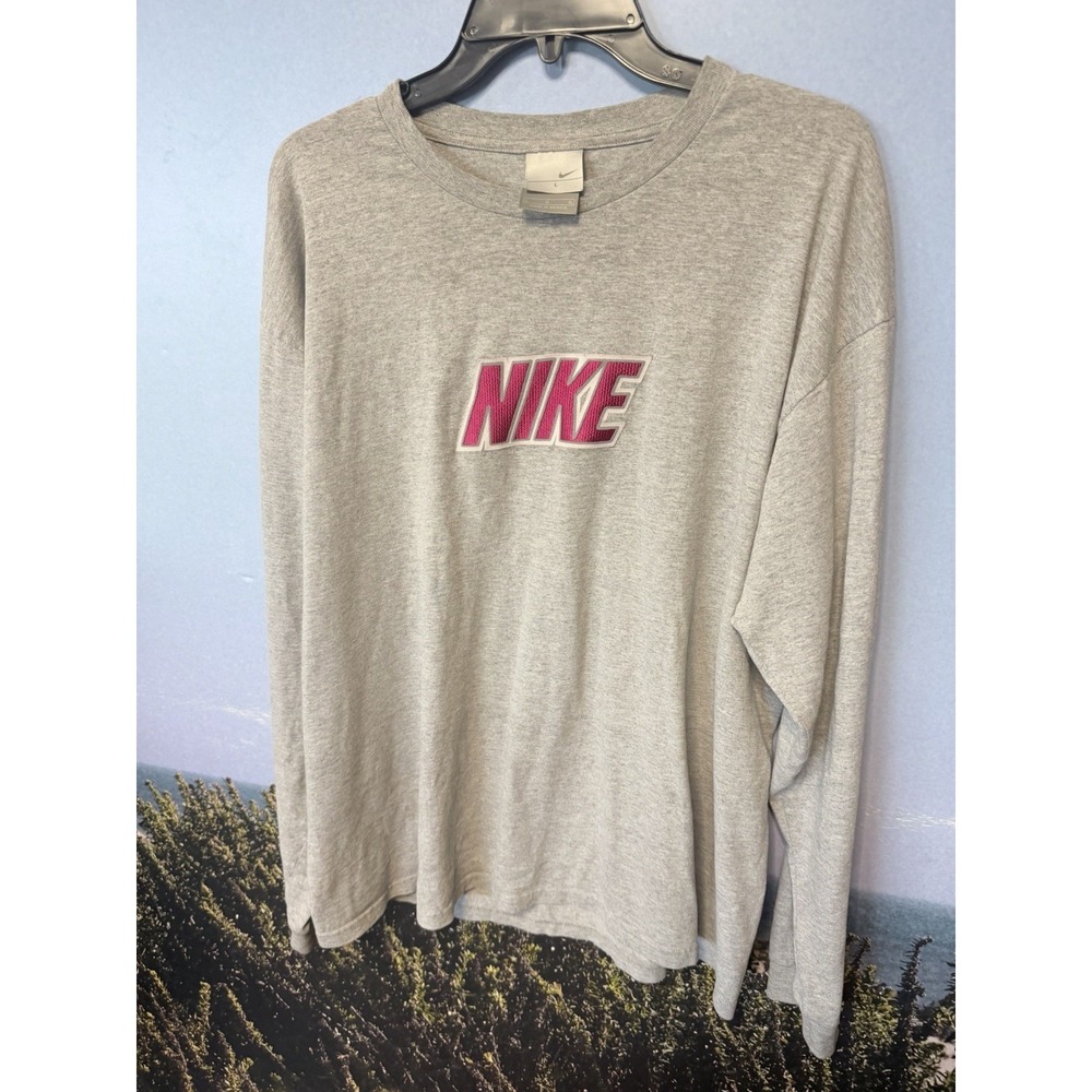 Men's Vintage Y2K Nike Heather Gray Red Letters Long Sleeve T Shirt L